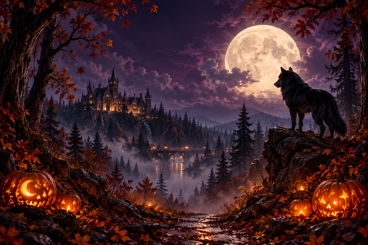 Moonlit forest, wolf and glowing Halloween pumpkins